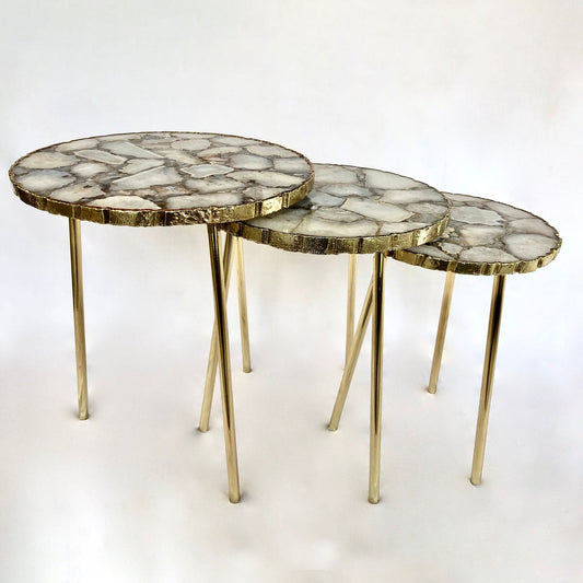 White Crystal Agate Partial Nesting Tables (Set of 3) | 16", 14", 12" Diameter
