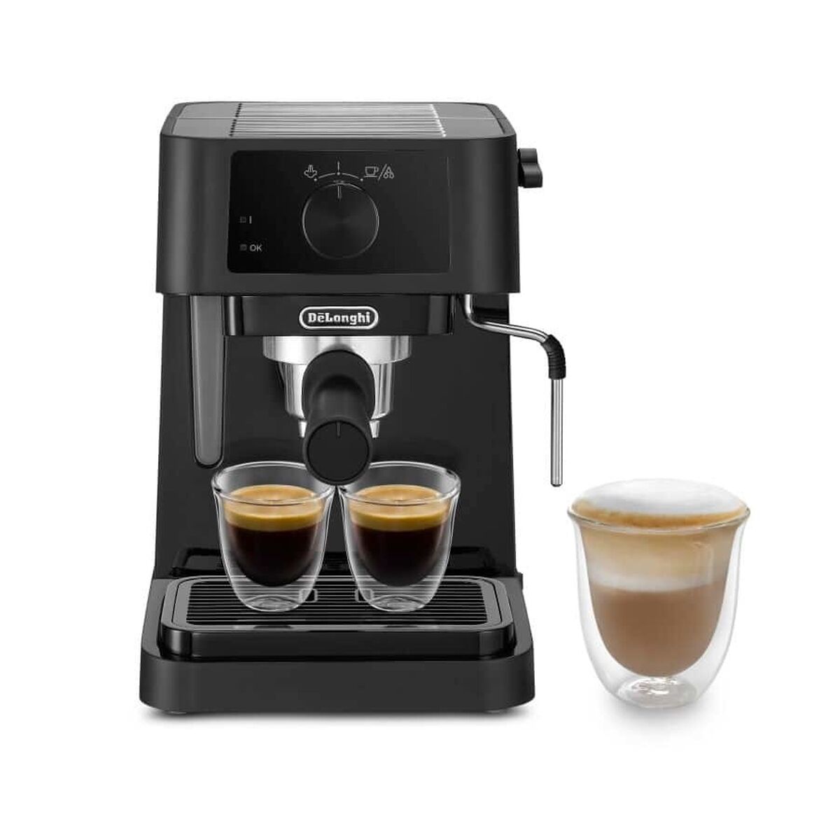 Black De'Longhi espresso machine with two cups of espresso and a glass of cappuccino on a white background