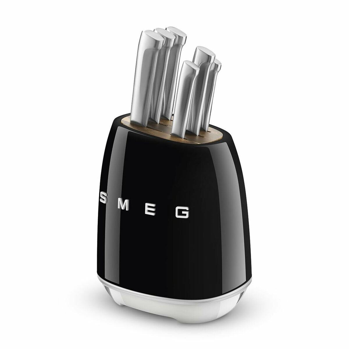 Alt text: Smeg KBSF02BL 6-piece knife set with black stand retro 50s design