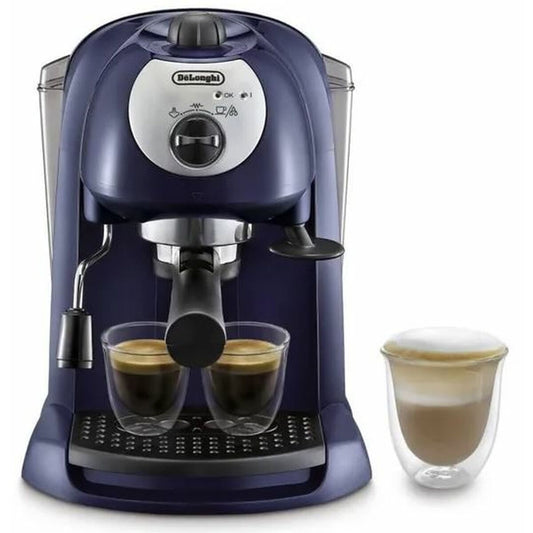 DeLonghi EC191CD manual espresso machine in blue with 1L capacity and milk frother
