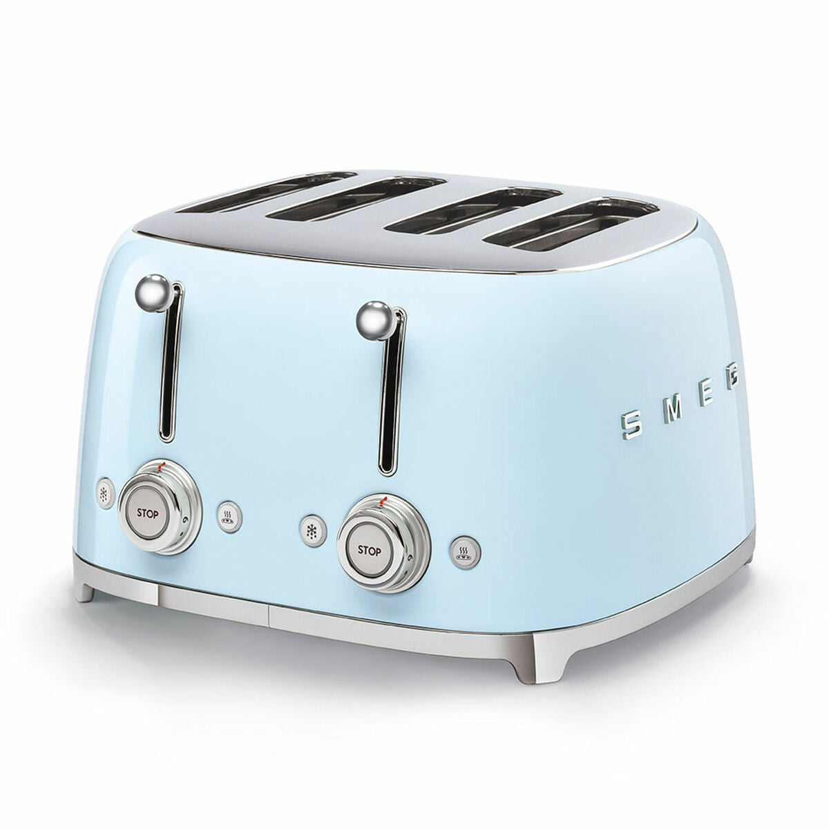 Vintage-style light blue toaster with metallic accents SMEG